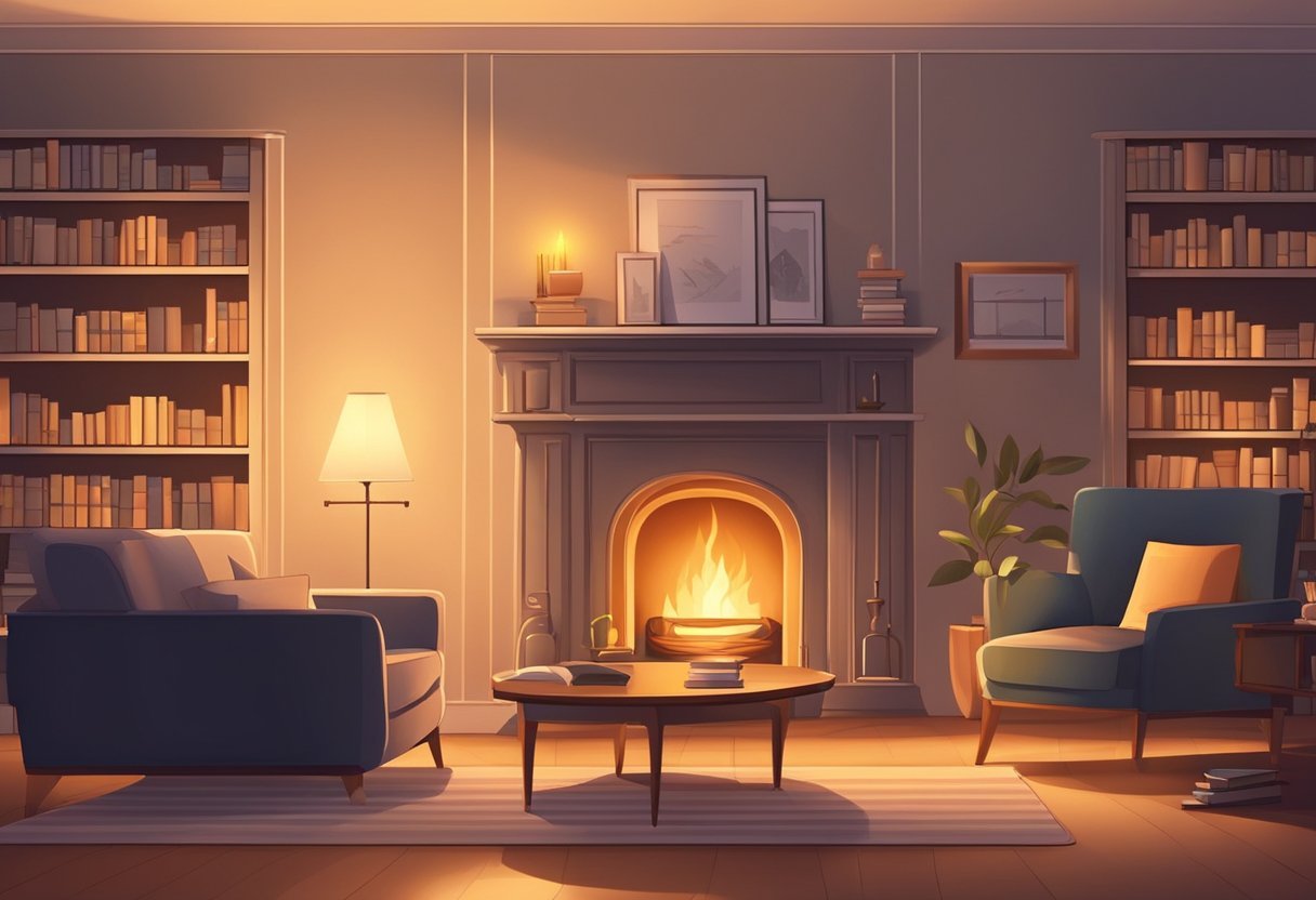 A cozy living room with a fireplace, bookshelves, and a comfortable armchair. A warm glow from the fire illuminates the room, creating a peaceful and inviting atmosphere