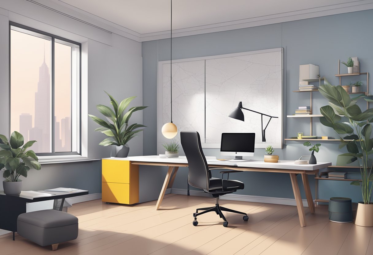 A modern office space with a sleek design, featuring a large desk with a computer, ergonomic chair, and minimalist decor