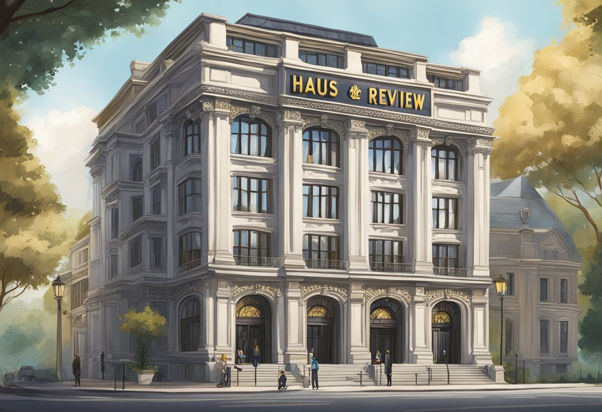 A grand, ornate building with a bold sign reading "Haus Review" exudes authority and trustworthiness. The exterior is polished and professional, evoking credibility and legitimacy