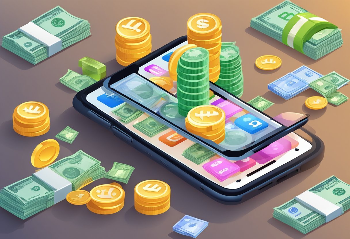 The scene depicts a smartphone surrounded by various money-making app icons, with a magnifying glass focusing on the "New Income App" icon for comparison