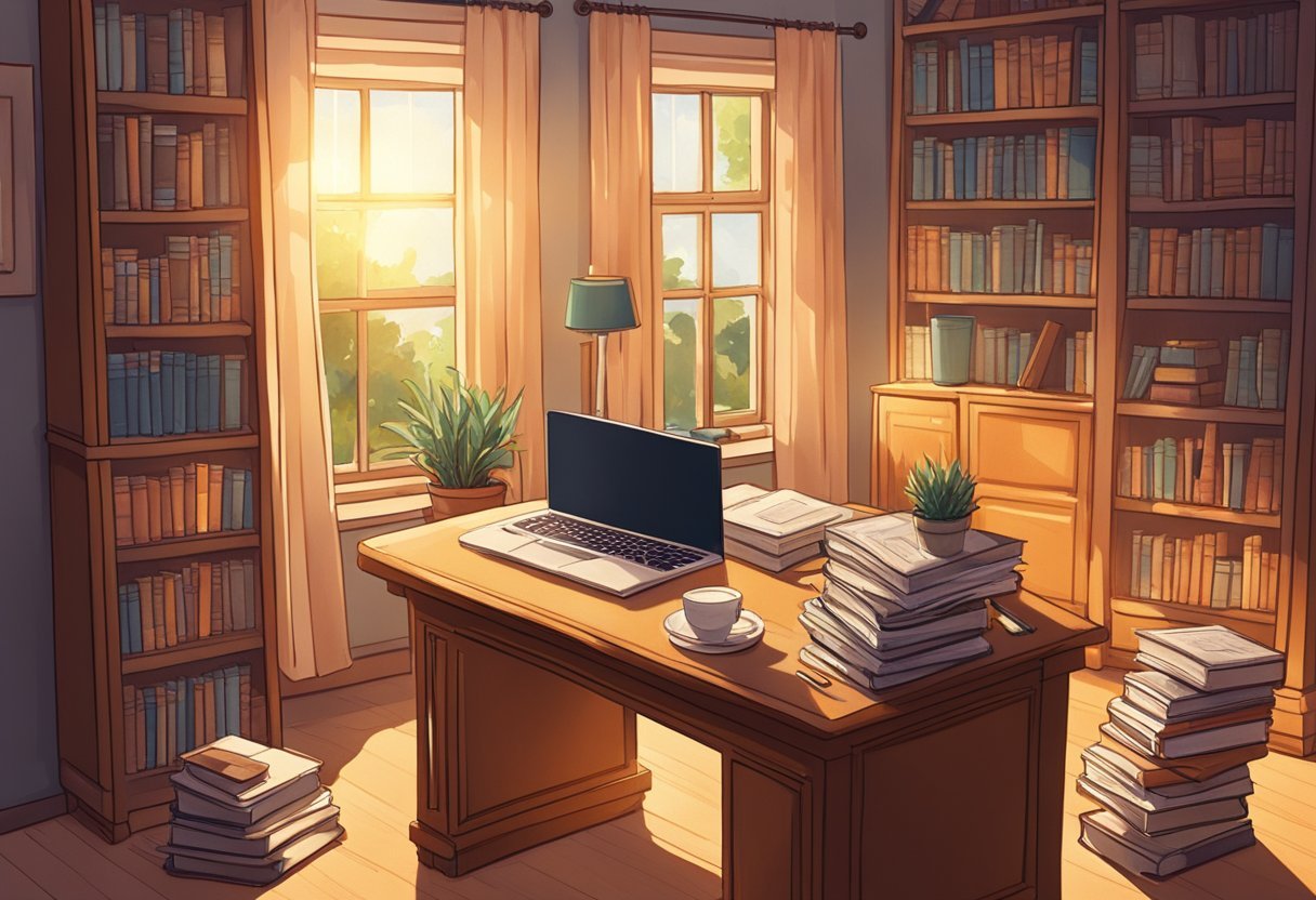 A cozy study with bookshelves, a desk, and a laptop. A stack of books labeled "Fiction Profits Academy" sits on the desk. Sunlight streams in through the window, casting a warm glow over the room