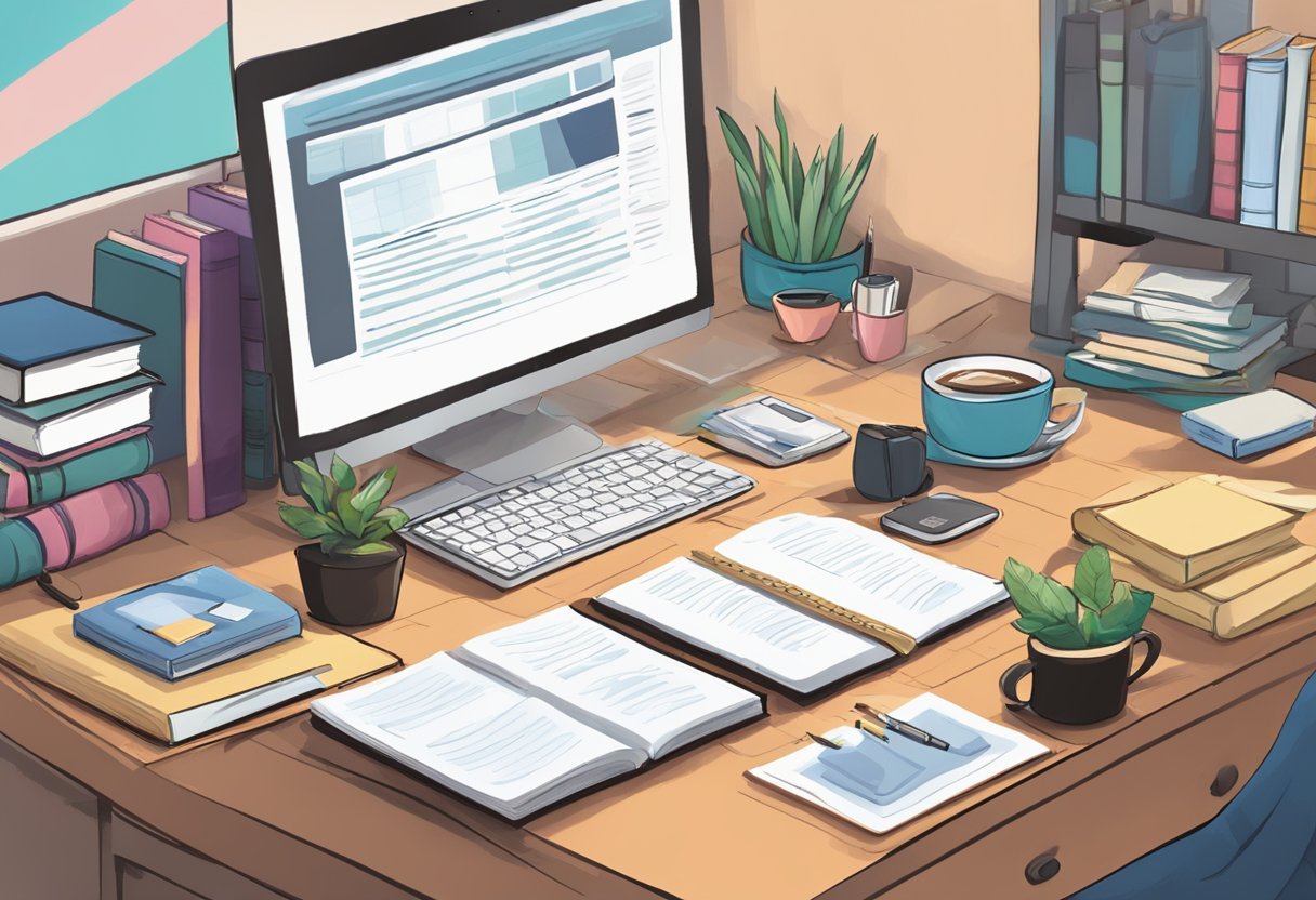 A cozy office with a desk cluttered with books and papers. A computer screen displays the website "Karla Marie Fiction Profits Academy Review." A mug of coffee sits steaming next to a notepad and pen