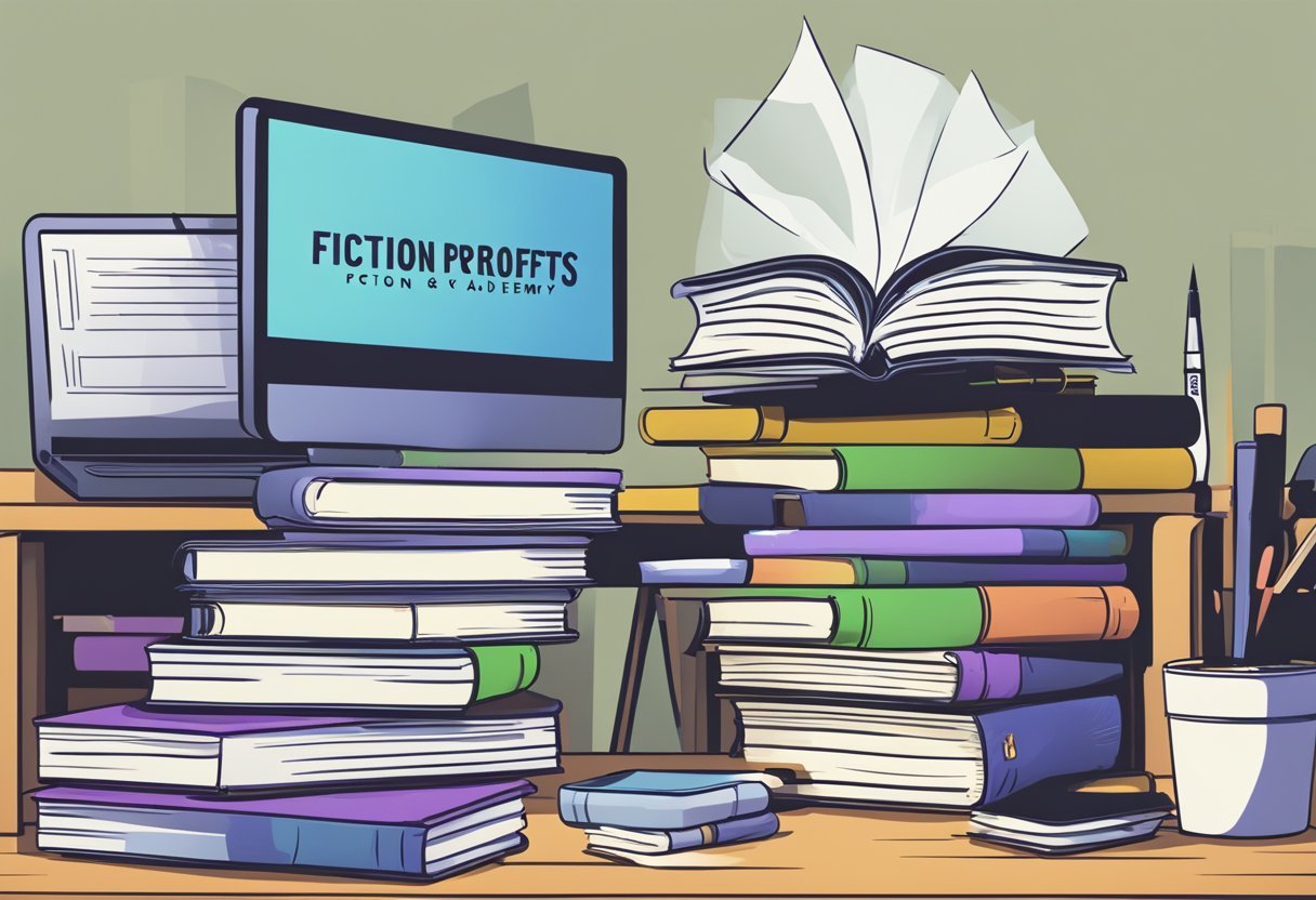 A stack of books with "Fiction Profits Academy" on the cover sits on a desk, surrounded by a laptop, notebook, and pen. A skeptical expression is reflected in the laptop screen