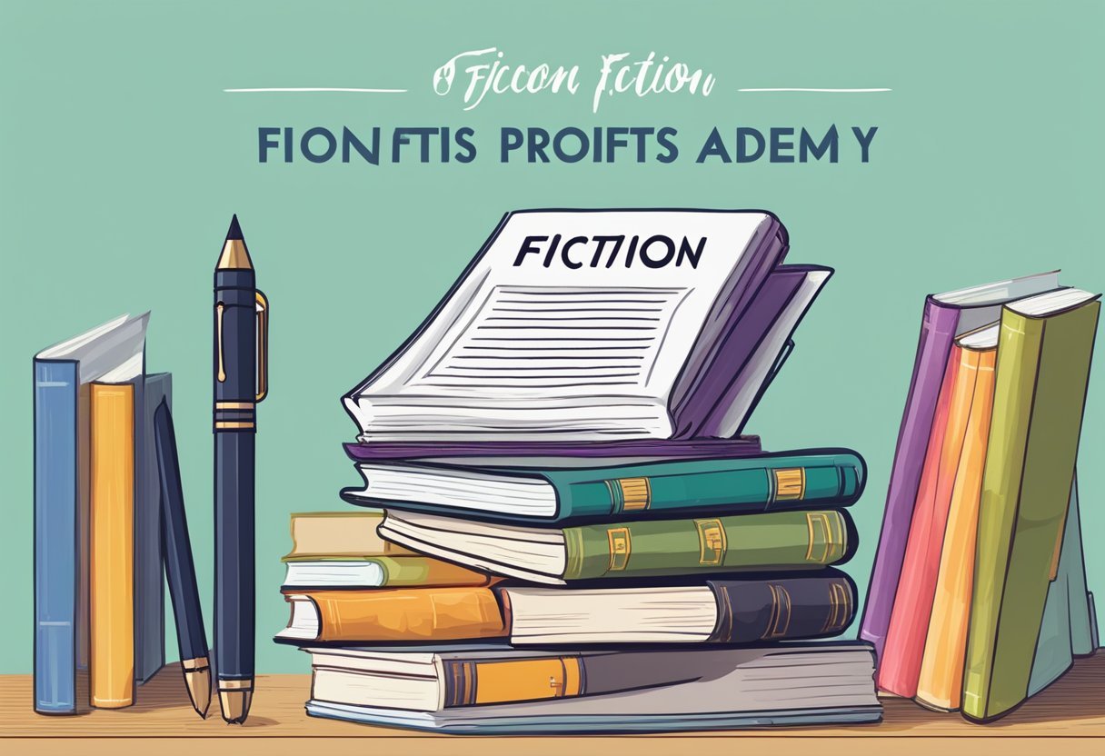 A book with "Fiction Profits Academy - FAQ" on the cover, surrounded by a stack of books and a pen on a desk