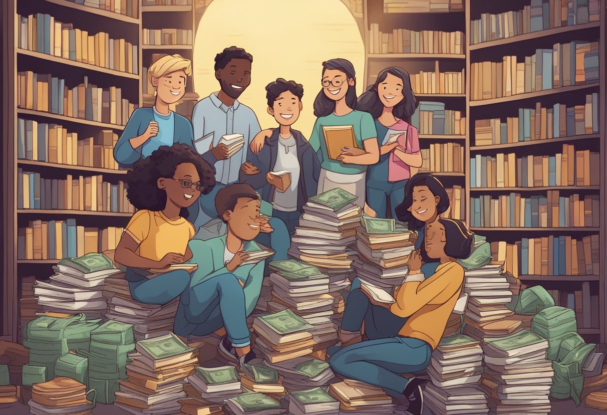 A group of characters celebrate the success of their fiction writing academy, surrounded by stacks of books and overflowing bags of money