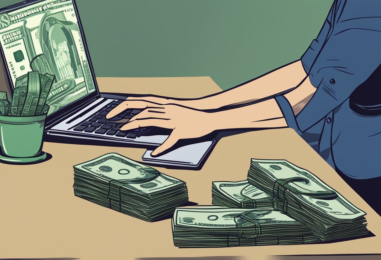 A stack of money sits on a desk, next to a laptop displaying "Hustlers University Pricing." A hand reaches for the money