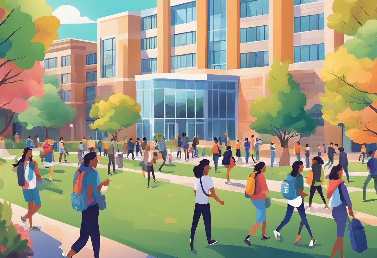 A bustling university campus with students studying, socializing, and hustling to achieve their goals. Buildings with vibrant colors and a lively atmosphere