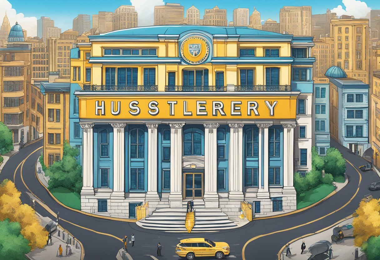 A grand building with a bold "Hustlers University" sign stands tall against a vibrant city backdrop, exuding an air of legitimacy and prestige