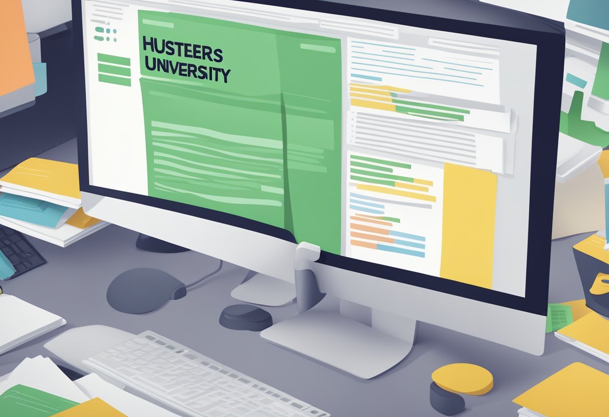 A stack of FAQs with the title "Hustlers University Review" displayed prominently on a computer screen, surrounded by open tabs and notes