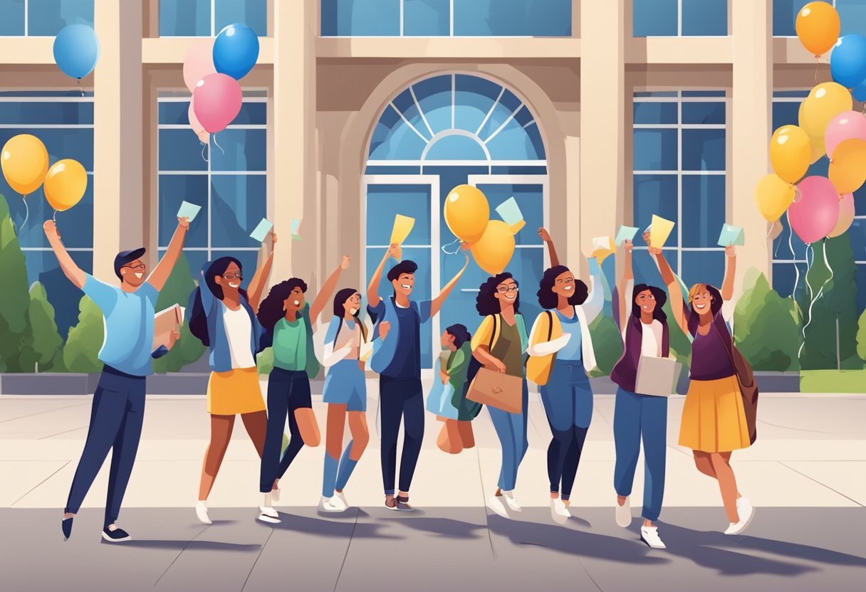 A group of students celebrate outside a university building, holding diplomas and cheering. Banners and balloons with the university's name decorate the scene