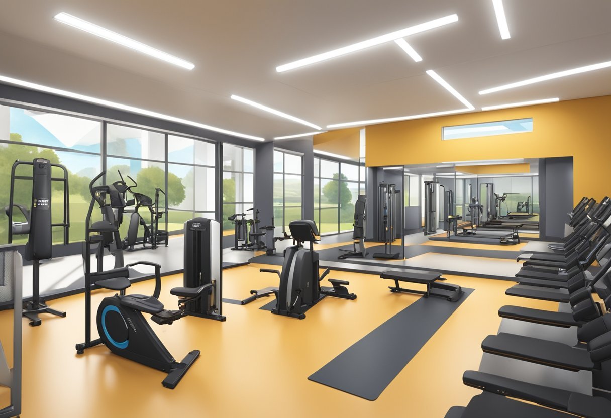 A sleek, modern training facility with state-of-the-art equipment and motivational quotes adorning the walls. Bright lighting and a clean, organized layout create an atmosphere of focus and determination