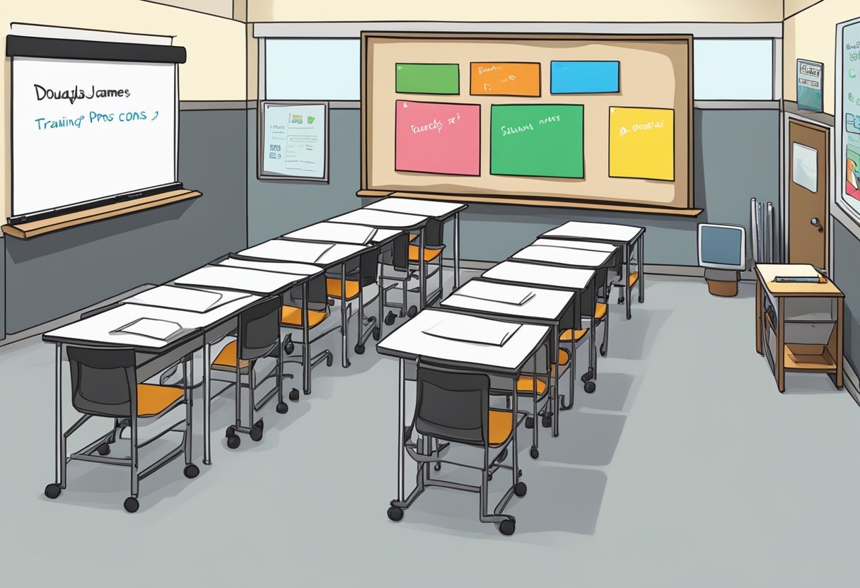 A classroom setting with a whiteboard, desks, and a projector. A sign reading "Douglas James Training - Pros and Cons" is displayed prominently