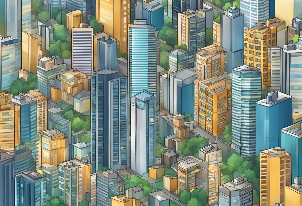 A bustling city skyline with various properties and buildings, showcasing the diversity of real estate investment opportunities