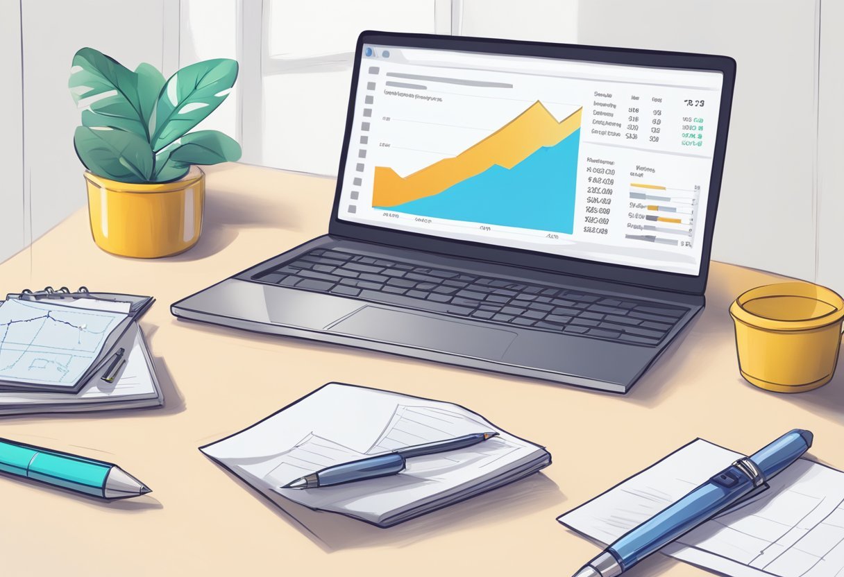 A desk with a laptop open to a webpage titled "BNB Formula Pricing - What Does It Cost BNB Formula Review." A pen and notepad sit nearby