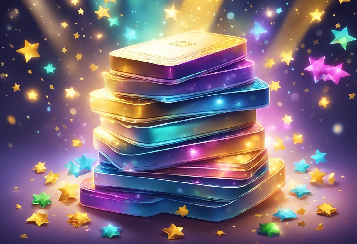 A bright, glowing light illuminates a stack of reward cards, surrounded by sparkling stars and confetti