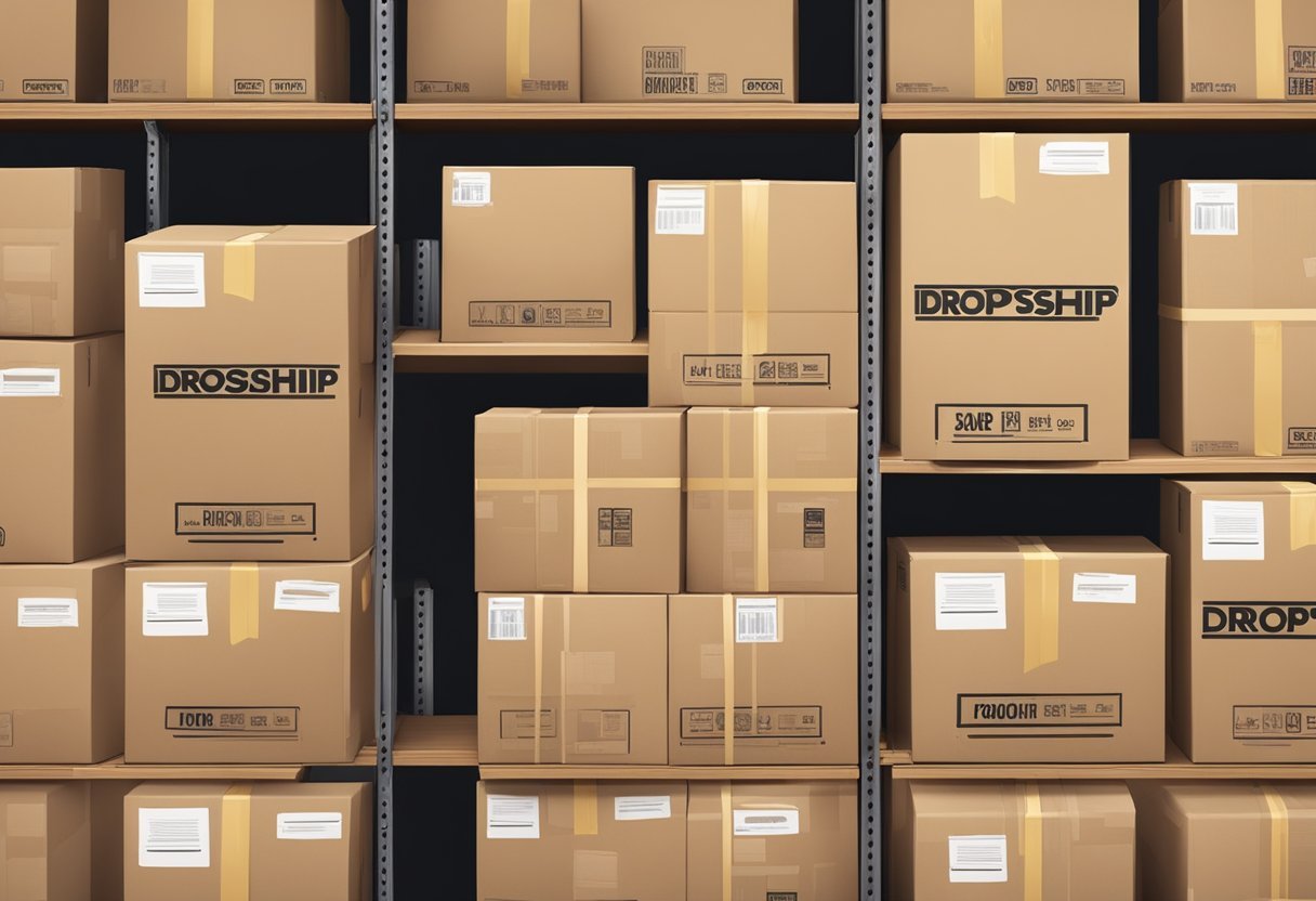 A stack of cardboard boxes labeled "DropshipForSale" sits on a warehouse shelf, ready for shipping. The boxes are neatly arranged and surrounded by packing materials