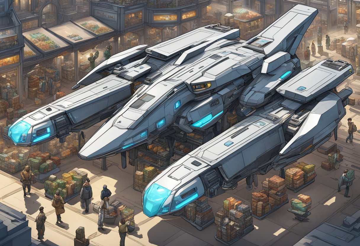 A sleek dropship hovers above a bustling marketplace, with various products on display. The DropshipForSale logo is prominently featured on the side of the ship