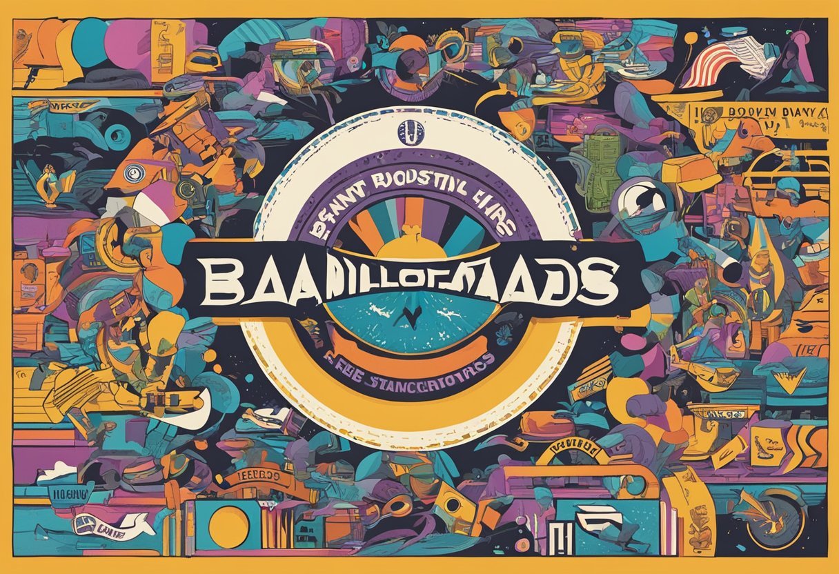 A colorful collage of various band logos and slogans, with a bold "BandsOffAds" headline in the center