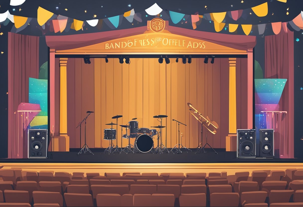 A stage with a spotlight shining on a banner that reads "Services Offered by BandsOffAds BandsOffAds Review" with musical instruments scattered around