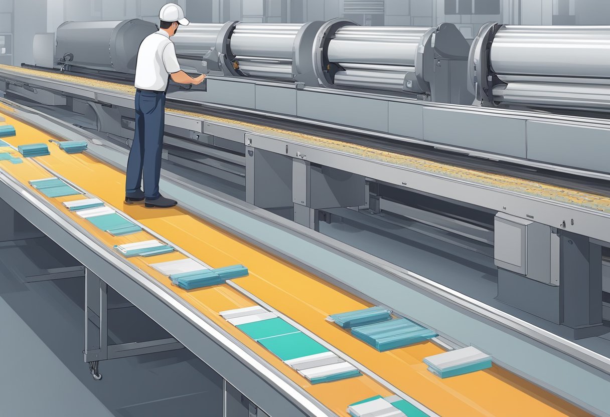 A conveyor belt moves ads through stages of inspection, editing, and approval. Workers monitor screens and make adjustments as ads pass through the process