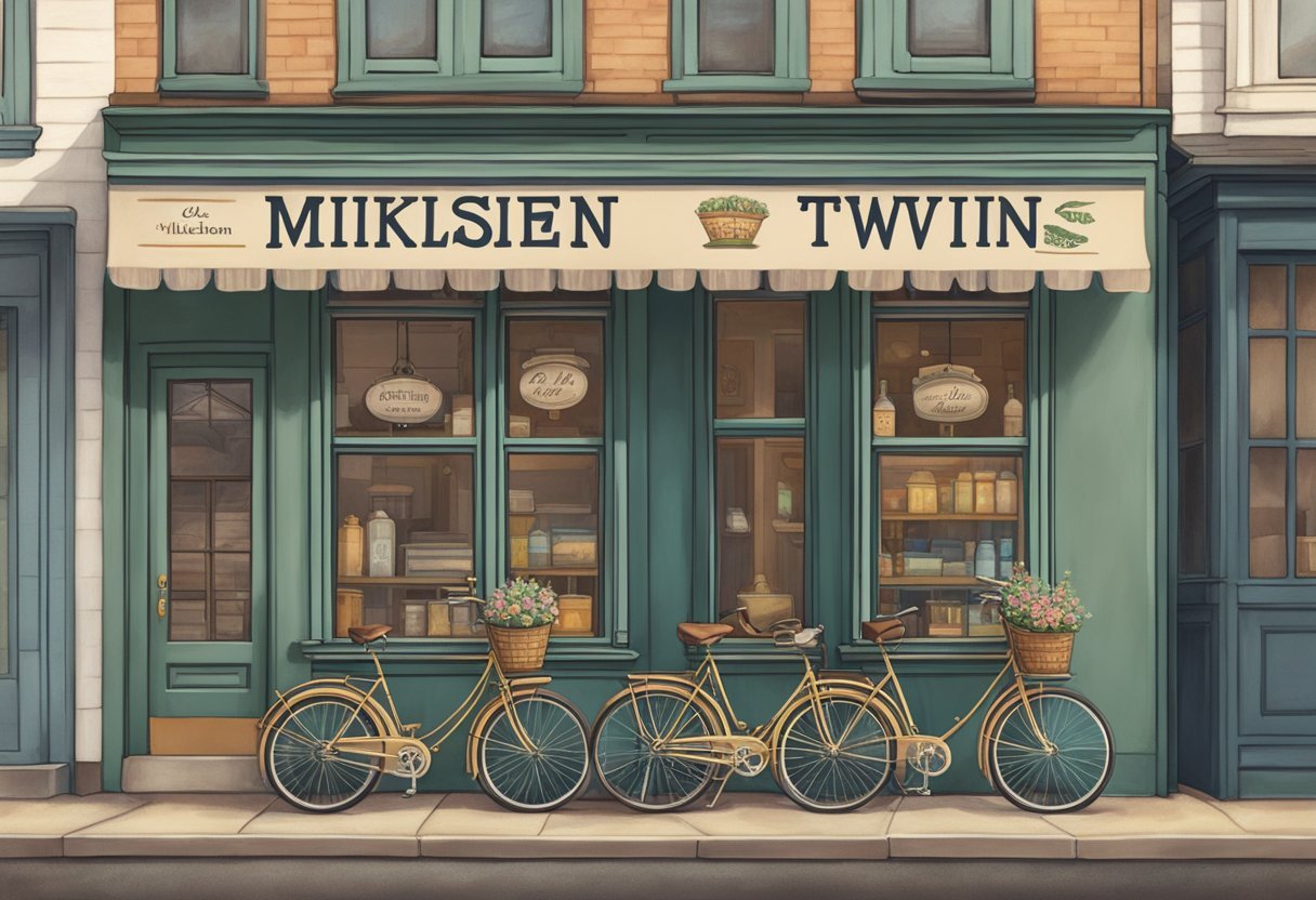 Two identical vintage bicycles parked side by side in front of a quaint, old-fashioned storefront with a sign that reads "Mikkelsen Twins Review."