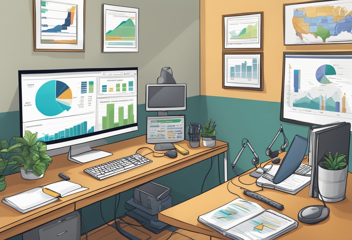 The scene depicts a modern office with two computer screens displaying Audiobook Income Academy. A desk holds a microphone, headphones, and a notebook. A whiteboard shows graphs and charts related to audiobook income