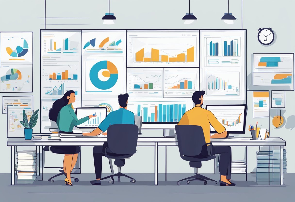 A busy office with charts, graphs, and laptops. Two figures discussing business strategies. A whiteboard filled with marketing insights