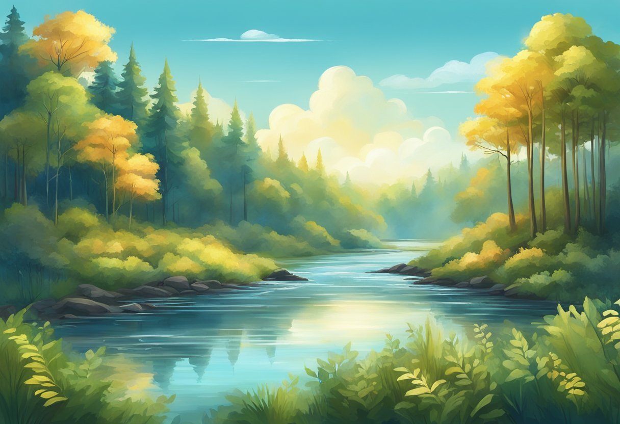 A serene forest with a shimmering stream and vibrant flora, under a clear blue sky with wispy clouds