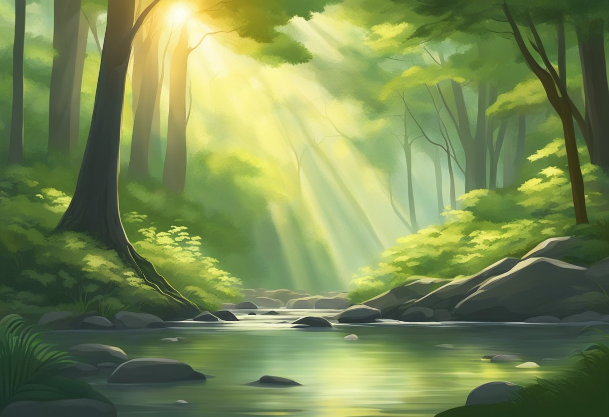 A serene forest with a clear stream flowing through, sunlight filtering through the canopy, and a sense of peace and tranquility in the air