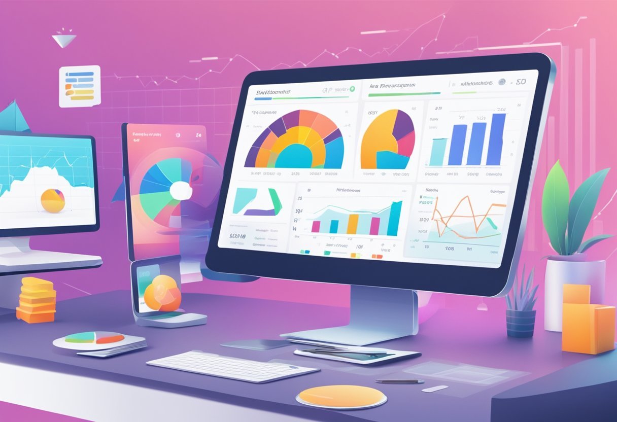 A digital dashboard displaying data graphs and charts, with a focus on ad performance metrics and optimization recommendations