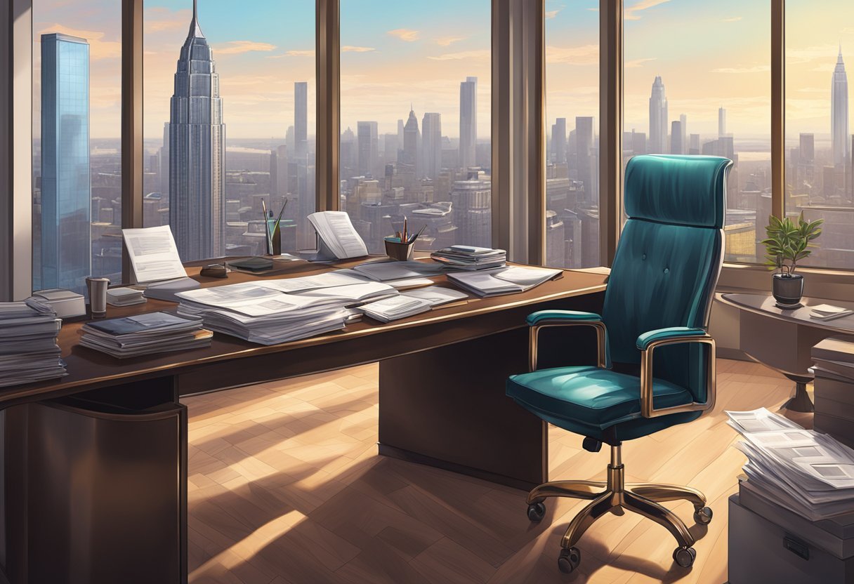 A luxurious office desk with a leather chair, a laptop, and a stack of financial documents. The room is filled with expensive artwork and a view of the city skyline