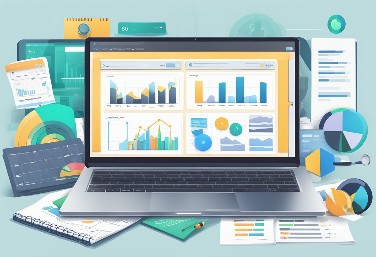 A laptop displaying AdSpy's interface with various ad metrics and charts, surrounded by marketing materials and a notepad with notes on ad efficiency