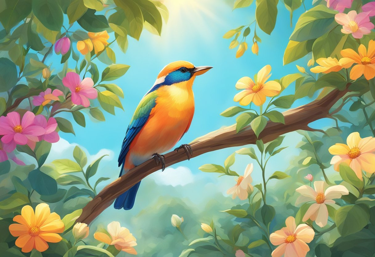 A colorful bird perches on a tree branch, surrounded by vibrant flowers and lush greenery. The sun shines brightly in the sky, casting a warm glow over the peaceful scene