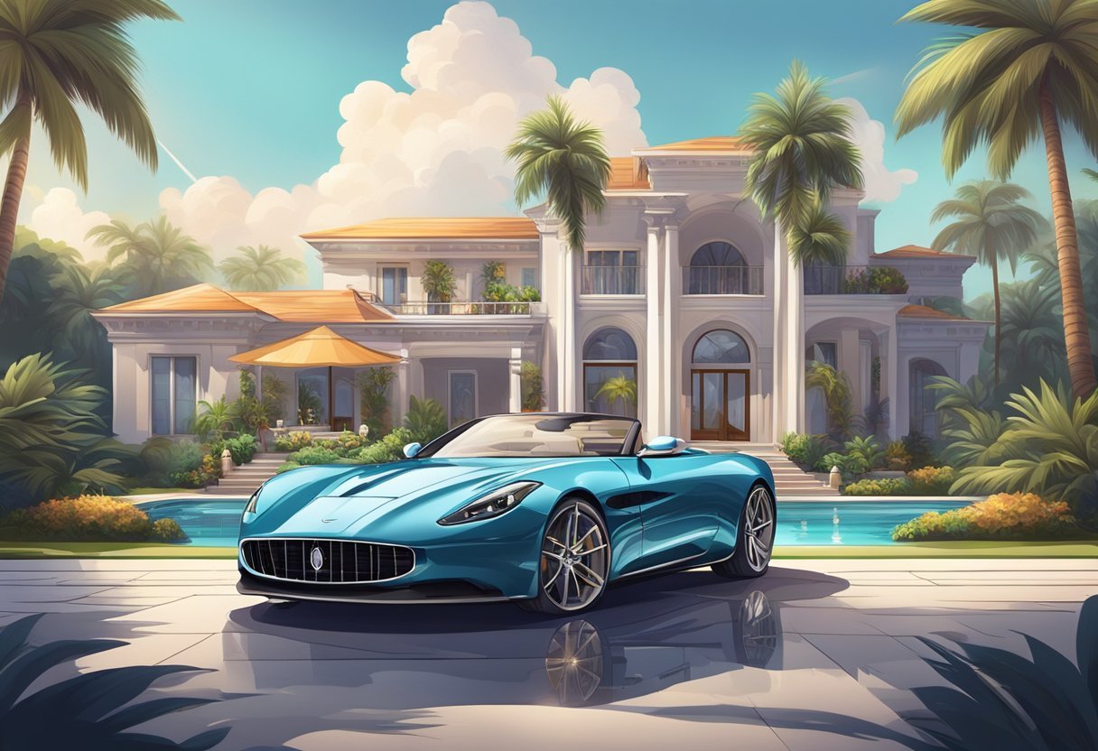 A luxurious mansion with a sleek sports car parked in the driveway, surrounded by palm trees and a sparkling swimming pool