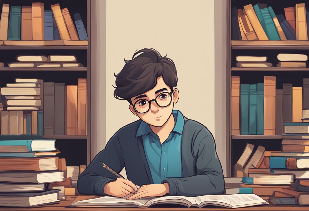 A young Sebastian Ghiorghiu studying at a desk surrounded by books and educational materials, with a determined expression on his face