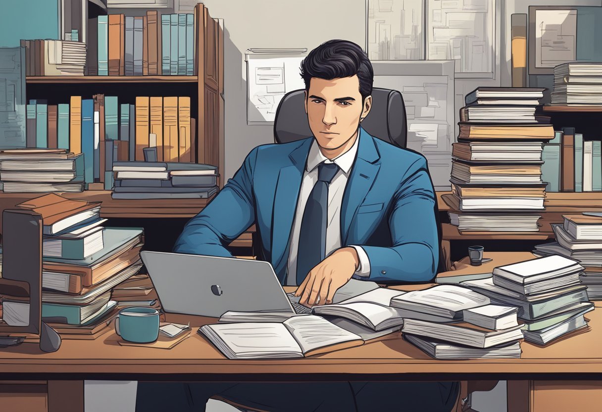 Sebastian Ghiorghiu sits at a desk, surrounded by business books and a laptop. His determined expression reflects his ambitious career beginnings