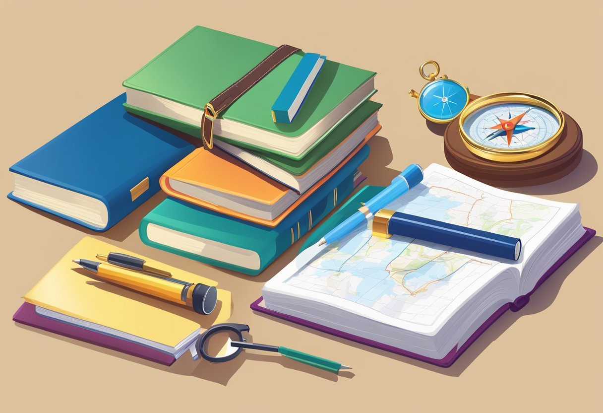 A stack of colorful textbooks and a compass on a desk, with a roadmap and a magnifying glass nearby