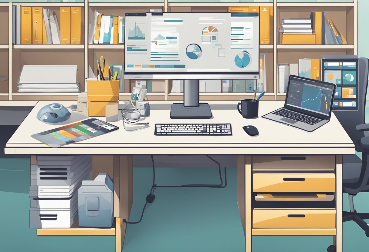 A desk with a computer displaying the Agency Navigator software, surrounded by various tools and software icons