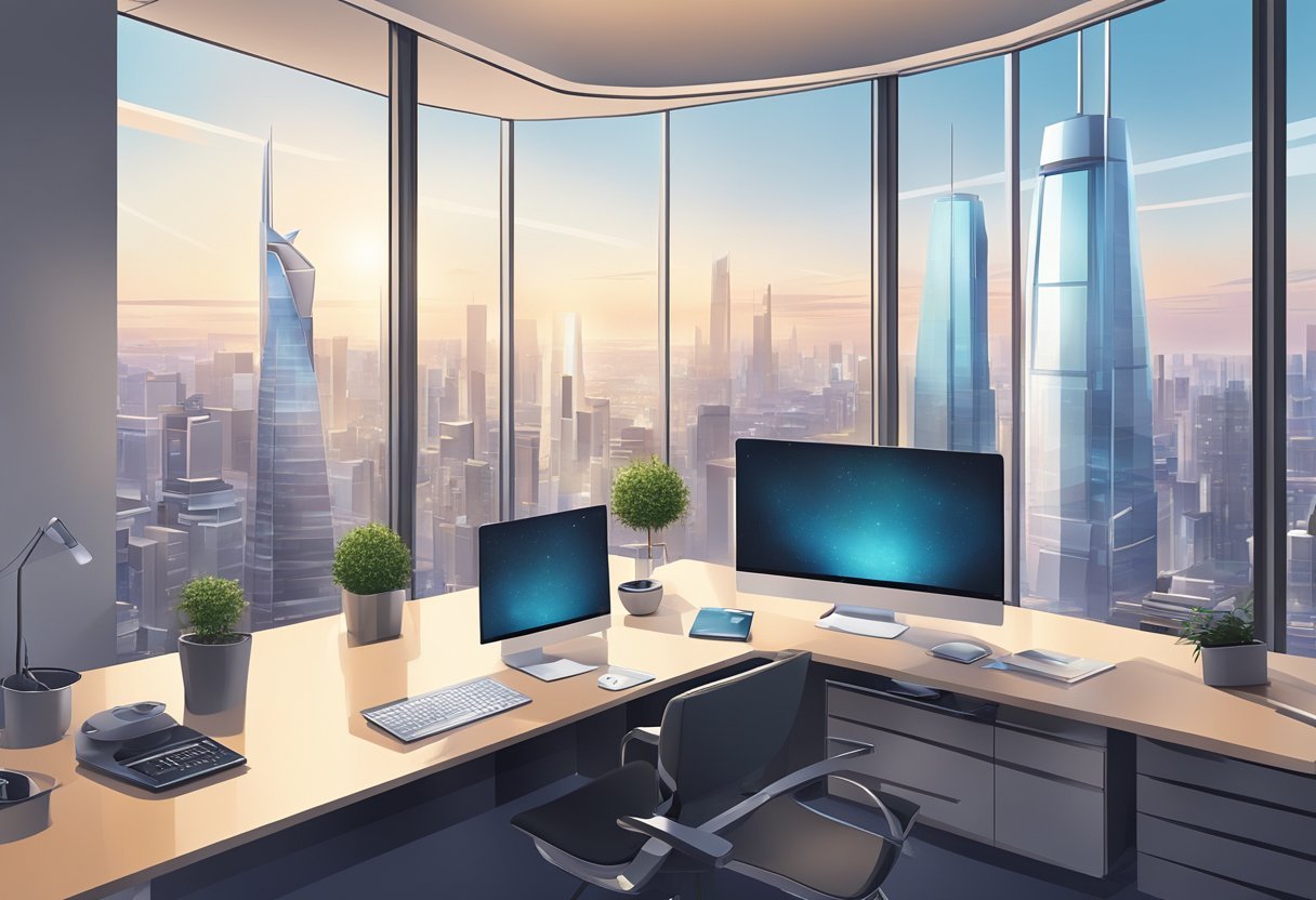 A sleek, futuristic office space with floor-to-ceiling windows, minimalist decor, and high-tech gadgets. A panoramic view of a bustling city skyline in the background