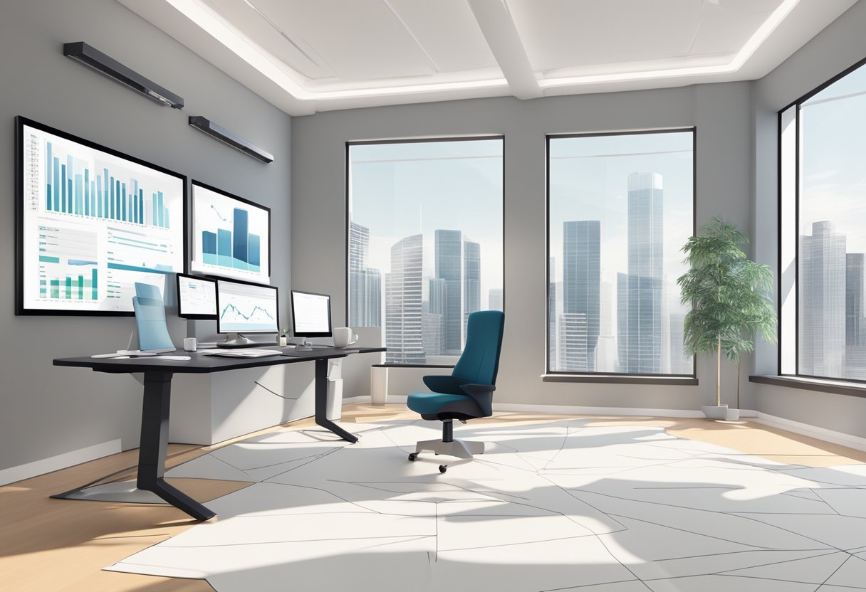 A sleek, minimalist office space with charts, graphs, and financial reports spread out on a large desk. A computer screen displays a detailed cost analysis report