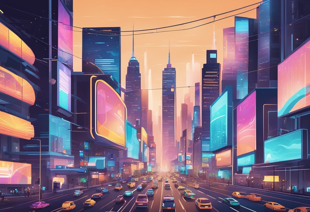 A bustling city skyline with neon billboards and digital ads, showcasing the latest marketing strategies and paid advertising insights for Modern Millionaires Review