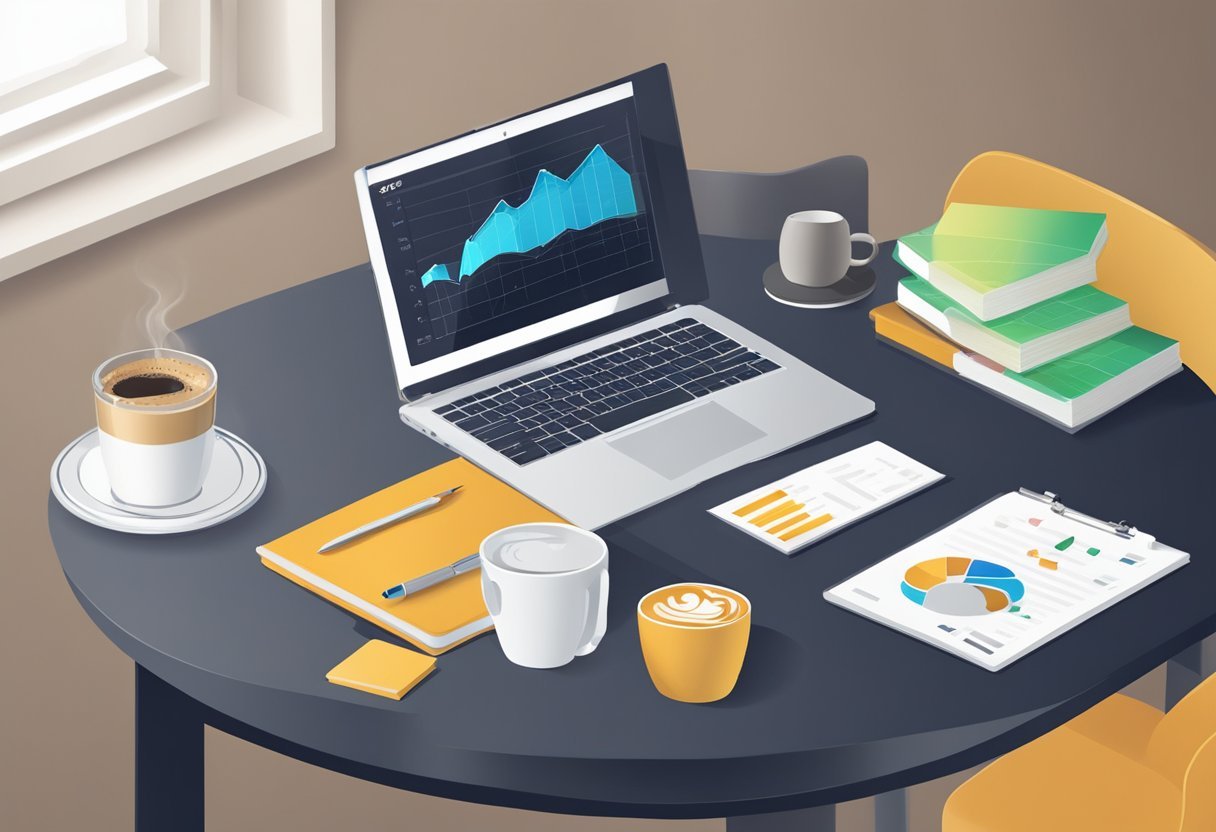 A table with a laptop, coffee cup, and Brandafy's logo on a screen. Charts and graphs show data analysis