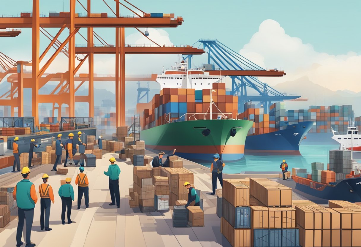 A bustling port with cargo ships unloading goods, workers inspecting crates, and a busy office with people reviewing import documents