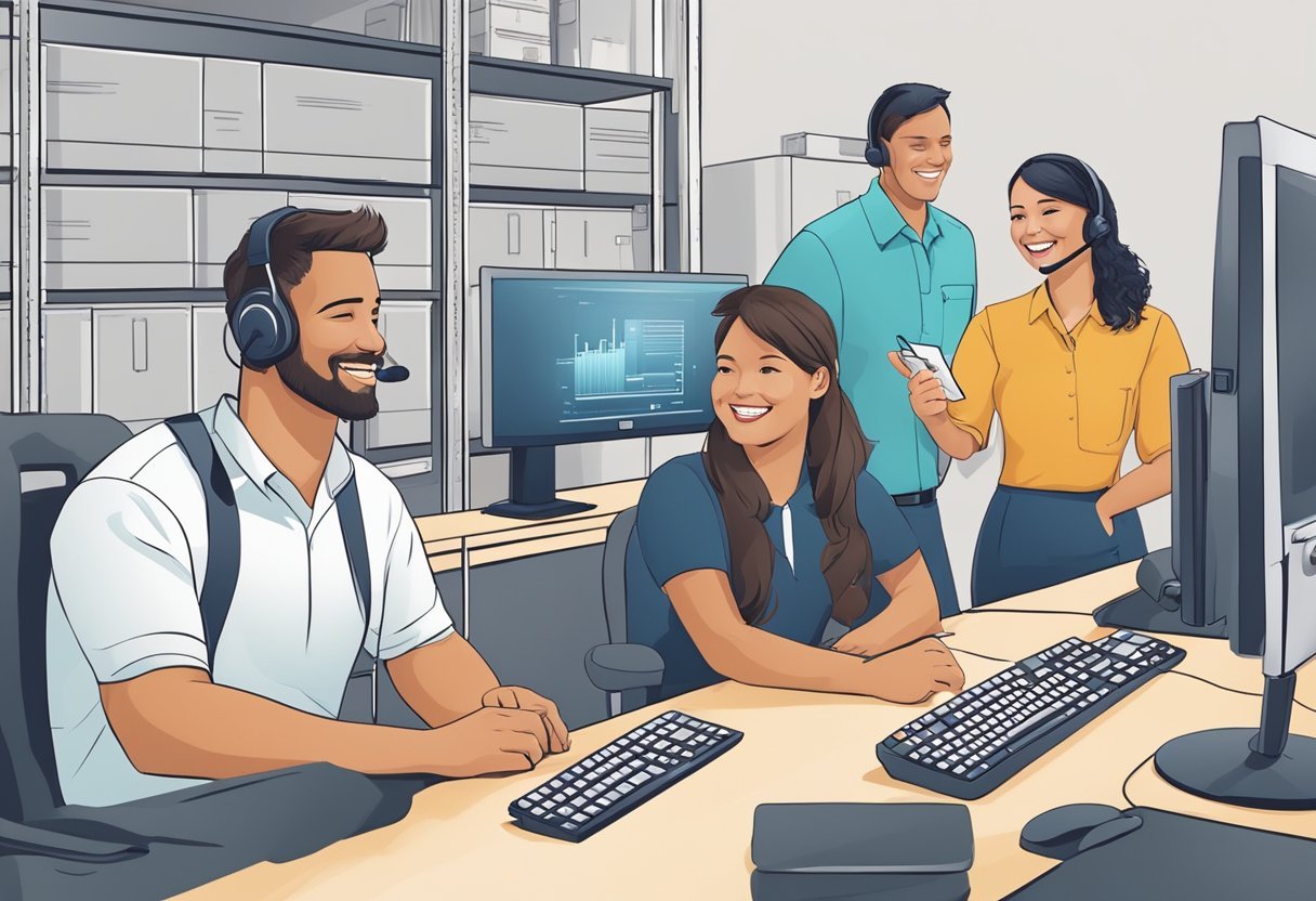 A customer service representative assists a client with a smile, while a technician troubleshoots a product issue. Brandafy's support and after-sale services are depicted in action