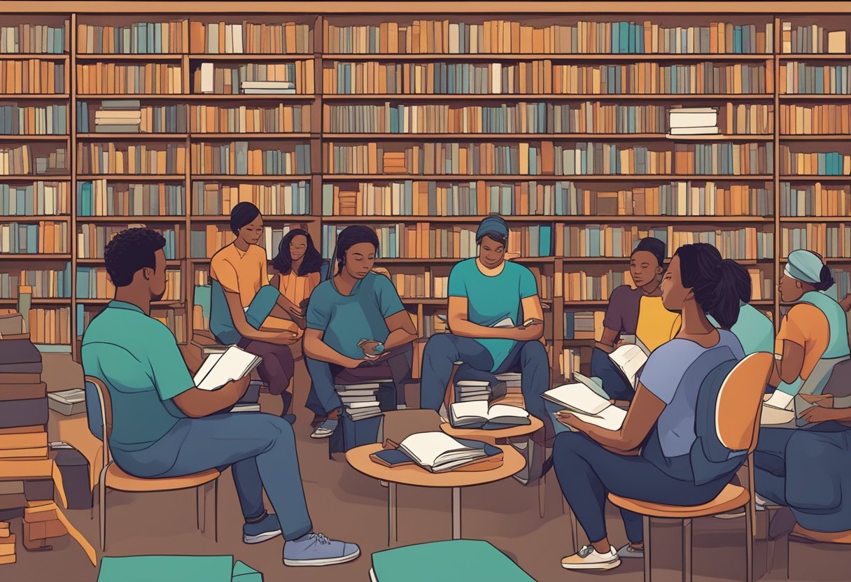 Audiobook Impact Academy Review: A diverse group of people listening intently, surrounded by stacks of books and audio equipment