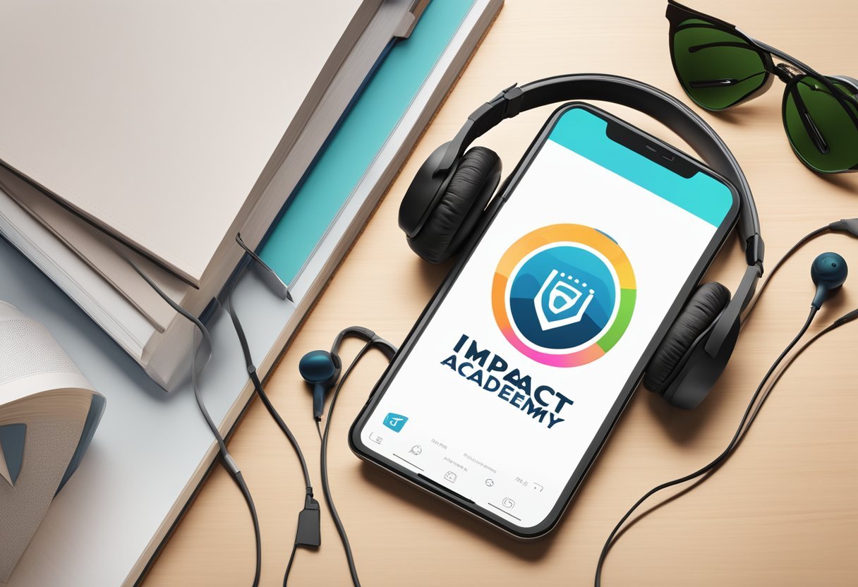 Audiobook Impact Academy logo displayed on a sleek digital device, surrounded by headphones and a stack of books