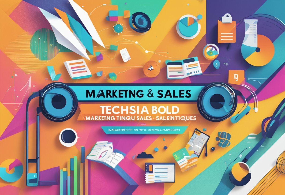 Audiobook cover: vibrant colors, bold text "Marketing and Sales Techniques" with Impact Academy Review logo, dynamic graphics suggesting growth and success