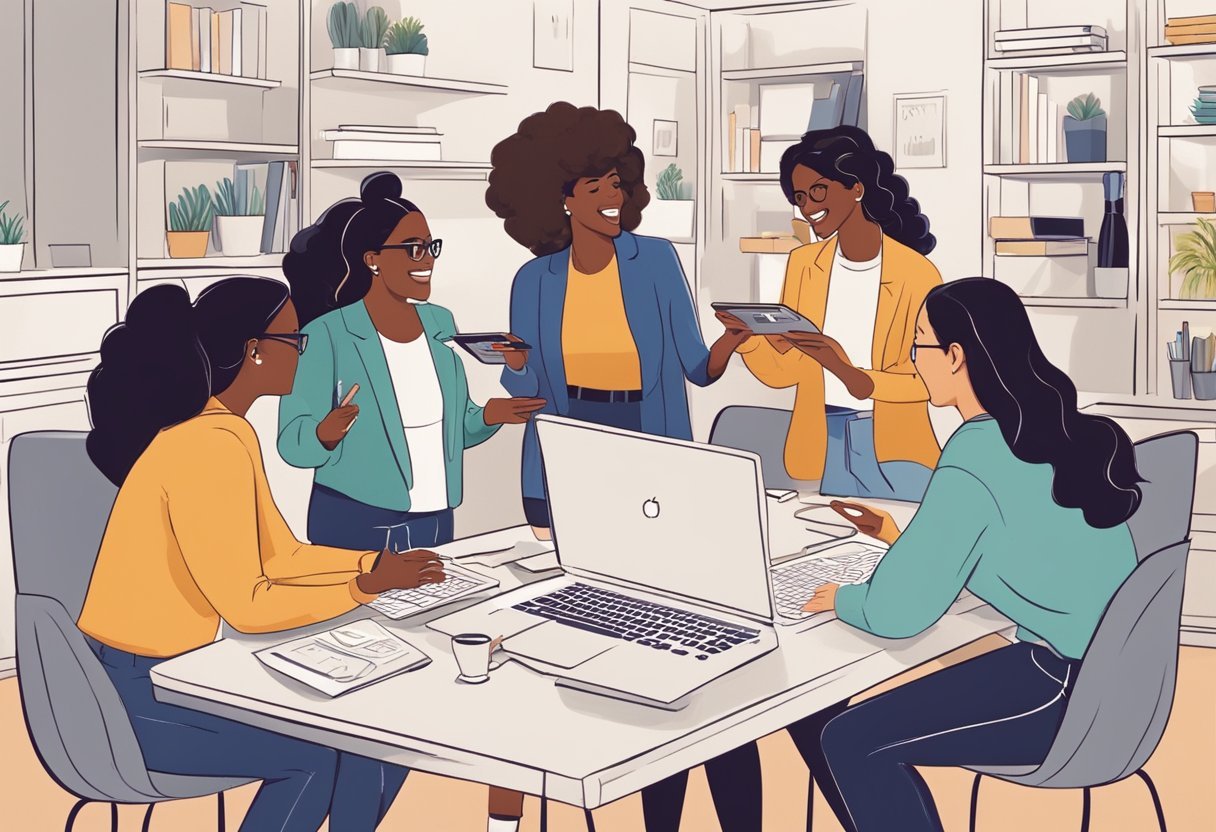 A group of diverse women gather around a table, discussing and reviewing various e-commerce products with excitement and enthusiasm