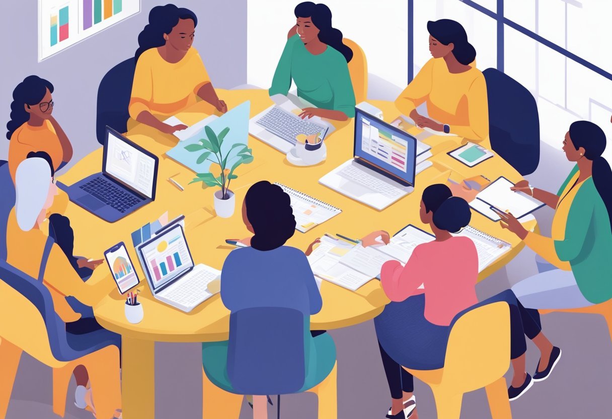 A group of women gather around a table, exchanging ideas and sharing success stories. They are surrounded by laptops, notebooks, and colorful charts, reflecting the supportive and empowering community of Ecom Babes