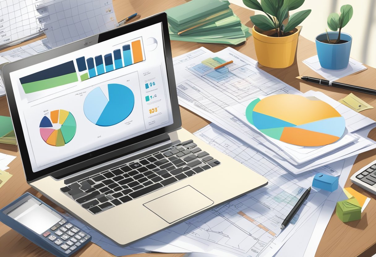 A table with financial documents, charts, and a laptop open to the Ecom Babes Review website, surrounded by calculators and pens